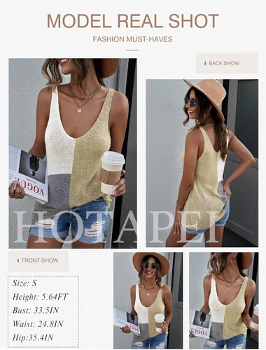 Miniatura 3 de HOTAPEI - Camisetas sin mangas con cuello en V de punto estilo casual con bloques de color a rayas para mujer