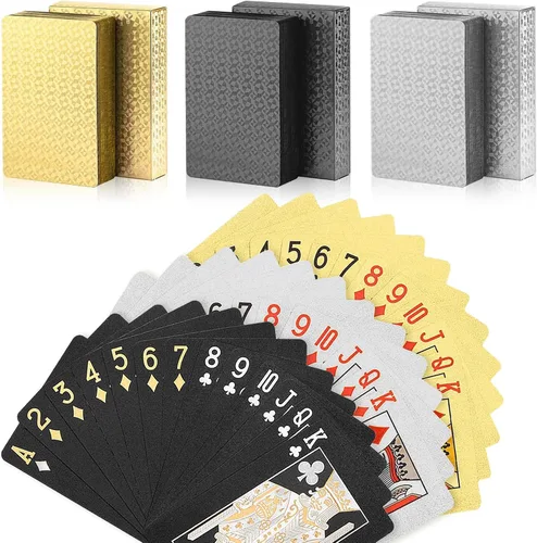 Miniatura 10 de 10 Paquetes de Cartas de Juego - 5 Negras 5 Doradas HD, 54 Cartas de Póquer Estándar de Plástico Impermeable para Fiestas Familiares naipes de oro