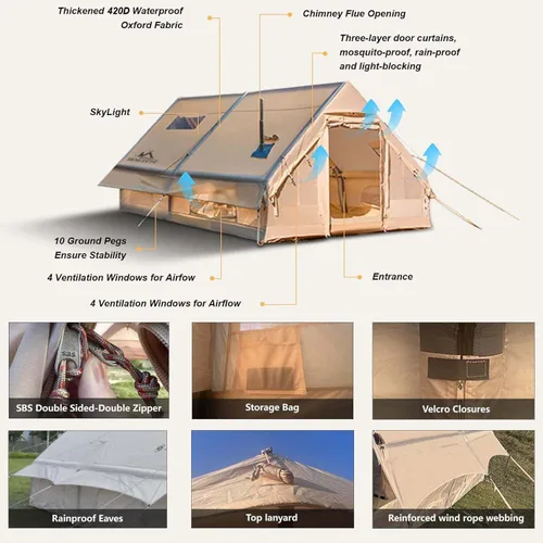Miniatura 4 de Tienda inflable grande de 13 x 10 pies para acampar de 8 a 10 personas, tiendas de campaña inflables para 4 estaciones con lluvia, impermeable