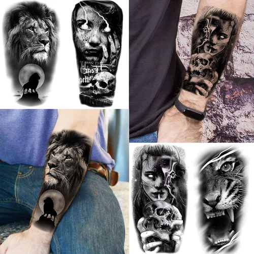 Miniatura 2 de 70 hojas de tatuajes temporales realistas en 3D de antebrazo, lobo, tigre, león, para hombres y mujeres, brazo del muslo, calavera aterradora