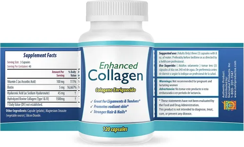 Miniatura 2 de Cápsulas de colágeno hidrolizado. Juego de 2 botellas. 240 cápsulas en total. Enriquecidas con vitamina C, biotina y ácido hialurónico. Apoya