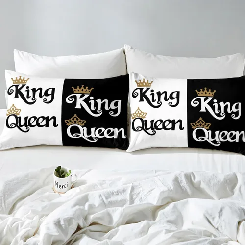 Miniatura 6 de Juego de sábanas de 4 piezas con diseño de corona de dibujos animados, tamaño Queen, King, para parejas, amantes de parejas, adolescentes, mujeres