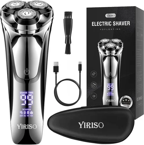 YIRISO Maquinilla de afeitar eléctrica para hombres, afeitadora giratoria de larga duración de 90 minutos con cabezal flotante 4D y pantalla LCD,