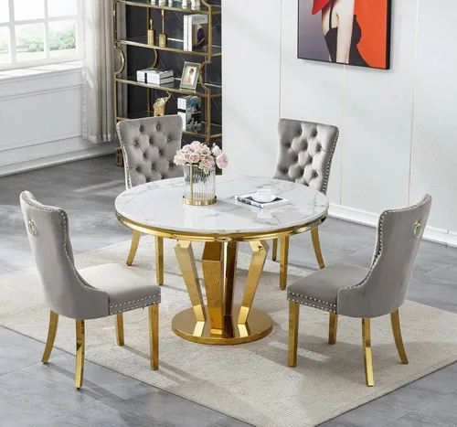 Miniatura 18 de Henf Juego de mesa de comedor redonda de mármol para 6, moderna mesa de comedor de 45 pulgadas con base de acero inoxidable con diseño de diamante