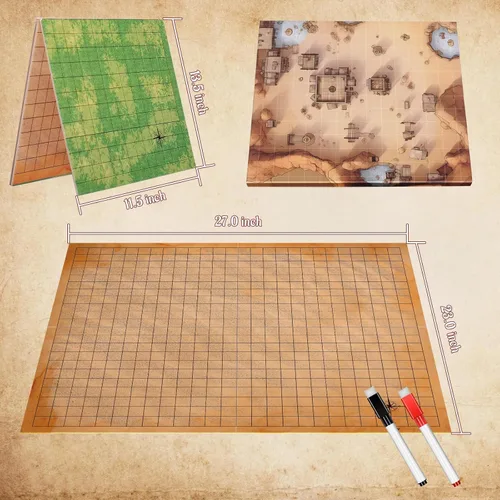 Miniatura 4 de CZYY DND - Tapete plegable de borrado en seco TTRPG Map Grassland & Desert de cartón de dos caras de 27 x 23 pulgadas con rejilla cuadrada, tablero
