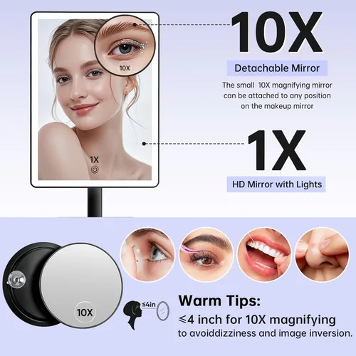 Miniatura 9 de FUNTOUCH Espejo de tocador de maquillaje recargable con luces, espejo de escritorio grande iluminado con 96 luces LED y aumento de 10x, iluminación