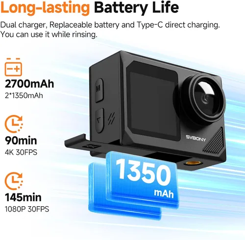 Miniatura 6 de SVBONY SVGo2 4K30FPS Cámara subacuática, EIS 2.0 doble pantalla táctil impermeable bajo el agua, zoom 50MP 5X, cámara de acción remota con palo
