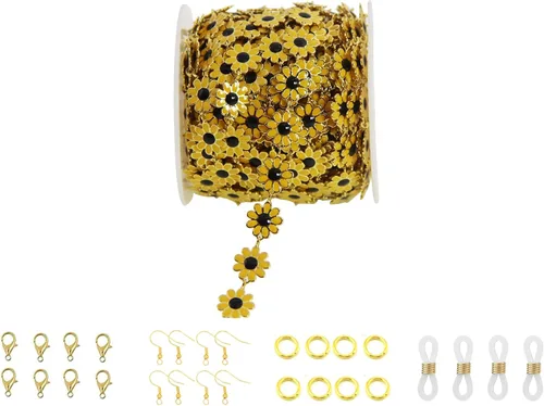 Miniatura 28 de Cadena de eslabones de girasol esmaltada hecha a mano con fornituras de latón chapado en oro para hacer joyas, máscara de vidrio, zapatos, Cc02