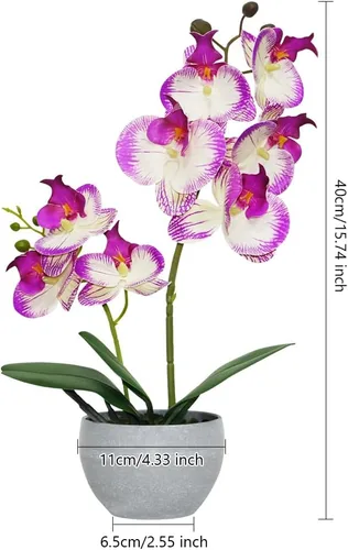 Miniatura 3 de Flores artificiales de orquídea morada, 2 tallos en maceta gris, flor de orquídea sintética en maceta para el hogar, mesa de baño, sala de estar