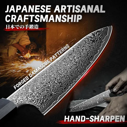 Miniatura 3 de Cuchillo de chef de damasco TIVOLI de 8 pulgadas, cuchillo de cocina japonés forjado a mano de alto carbono con mango octagonal, cuchillo de cocina