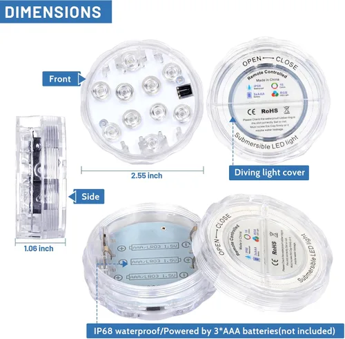 Miniatura 6 de YiaMia - Luces de bañera - 2 paquetes de luces LED RGB para piscina con batería, control remoto y ventosa para estanques, decoración, fiestas, spas