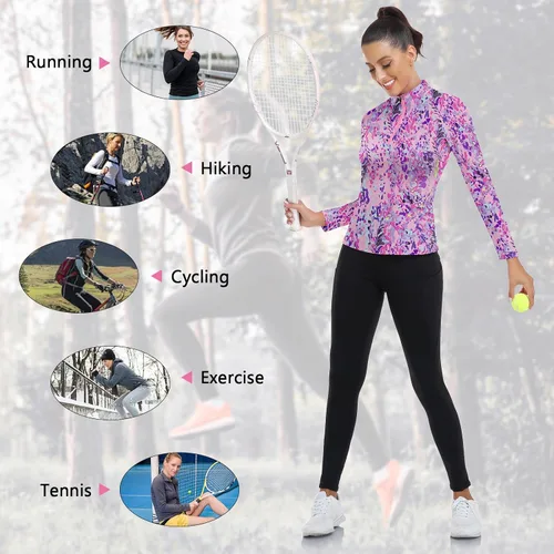 Miniatura 124 de WOWENY Camiseta deportiva de manga larga para mujer, con cremallera de un cuarto, cuello para entrenamiento, camiseta de tenis con estampado