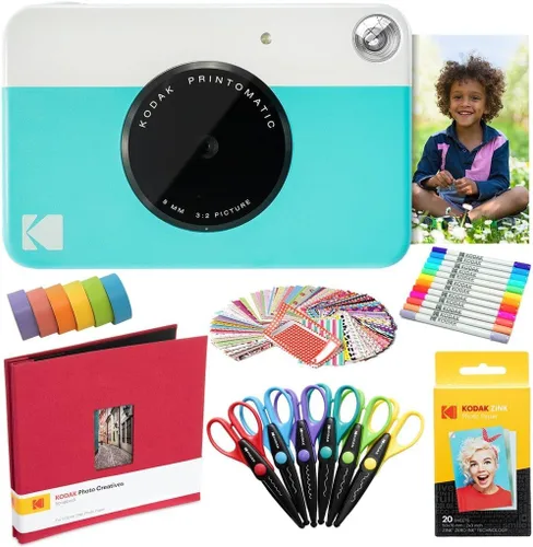 Kodak Printomatic - Paquete de arte para cámara instantánea (azul) + papel Zink (20 hojas) + álbum de recortes de tela de 8 x 8 + 12 marcadores de