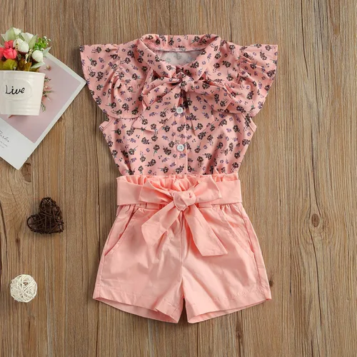 Miniatura 2 de Conjunto de 2 piezas con volantes y cuello halter floral para niños pequeños y niñas