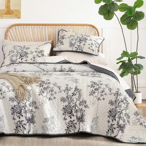Miniatura 13 de WONGS BEDDING Juego de edredón floral matrimonial, juego de colcha con patrón botánico azul para mujeres, adolescentes y niñas, juego de ropa