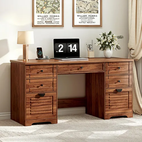 Miniatura 12 de Ieejdn 47" Home Office Desks, Executive Desk, Farmhouse Computer Desk with Drawers and Charging Station, File Drawer, Storage Cabinet, Rustic