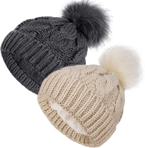 YSense Wear 2 Pack Toddler Kids Winter Warm Fleece Lined Beanie Hats for Boys and Girls Crochet Hairball Knit Cap 1-6 Years