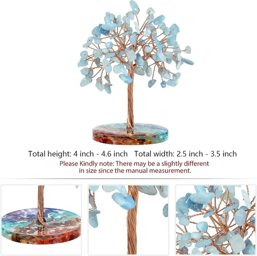 Miniatura 2 de rockcloud Árbol de dinero de alambre de cobre de cristal aguamarina con base redonda de resina colorida, árbol de piedra bonsái hecho a mano