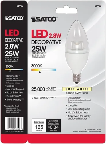 Miniatura 2 de Satco S8950 - Bombilla LED B11 de 2,8 W, 120 voltios, 3000 K, base de candelabro E12 (6 bombillas LED)