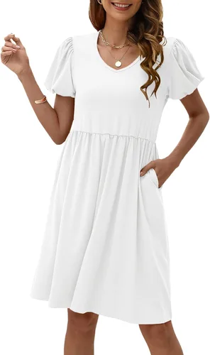 Miniatura 3 de AGSEEM Vestidos de verano para mujer, casual, con bolsillos, manga abombada, cuello en V