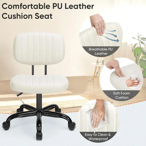 Miniatura 7 de DUMOS Silla pequeña de escritorio de oficina, piel sintética sin brazos con cómodo soporte lumbar, altura ajustable para no tener brazos, para Beige