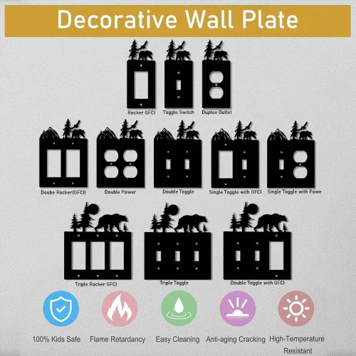 Miniatura 5 de Eagle & Bear - Placa de pared con interruptor de luz, doble dúplex, habitación de cabaña negra Cubiertas decorativas de metal para enchufe, se
