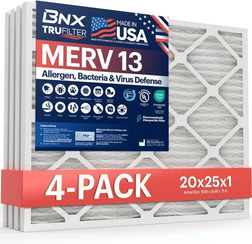 BNX TruFilter 20x25x1 Filtro de Aire MERV 13 (Paquete de 4) - HECHO EN EE. UU. - Filtros plisados electrostáticos para aire acondicionado HVAC AC