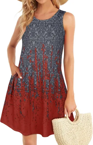 Vestidos veraniegos para mujer, para la playa, bohemios, sin mangas, estilo vintage, florales, holgados, tipo camiseta sin mangas, con bolsillos
