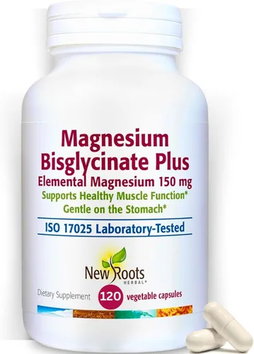 New Roots Herbal Bisglicinato de magnesio Plus, 120 cápsulas vegetarianas de suministro para 60 días, 150 mg de magnesio elemental, soporta una vida