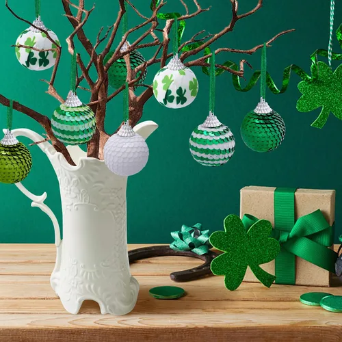 Miniatura 6 de Watayo 24 bolas de lentejuelas para el día de San Patricio, bolas colgantes de trébol verde, adornos de trébol de la suerte para decoración