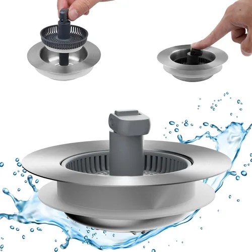 Hibbent - Combo de colador y tapón de drenaje desplegable 3 en 1 para fregadero de cocina, de acero inoxidable, cesta antiobstrucción, con mango
