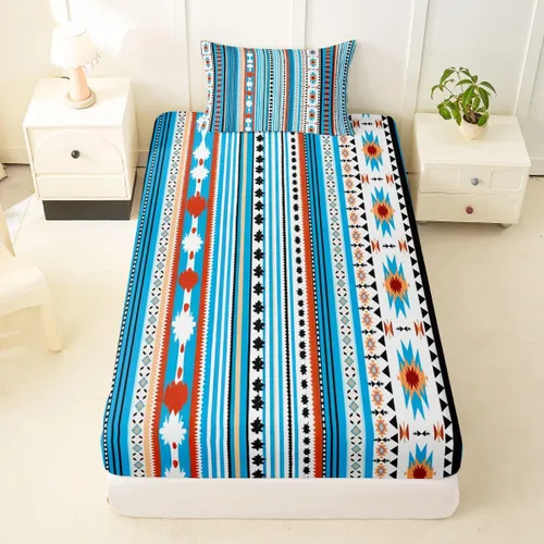 Miniatura 58 de Juego de ropa de cama de estilo bohemio occidental, tamaño individual, diseño de vaca atrapasueños, sábana bajera ajustable del suroeste, tribu