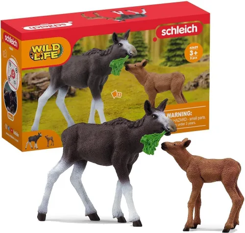 Schleich Wild Life - Juego de juguetes de animales del bosque de América del Norte con alce natural realista y ternero, regalo para niños pequeños,