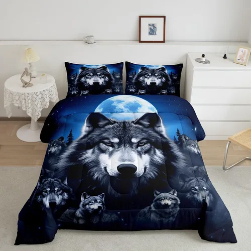 Miniatura 21 de Feelyou Juego de edredón de oso azul, juego de ropa de cama de osos de animales, juego de edredón acolchado con estampado de arboleda de galaxia