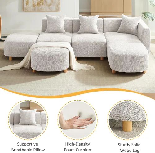 Miniatura 4 de VANOMi 279 cm Sofá modular seccional con 3 almohadas, cómodo sofá de chenilla en nube convertible de 5 plazas con reposapiés, sofás seccional