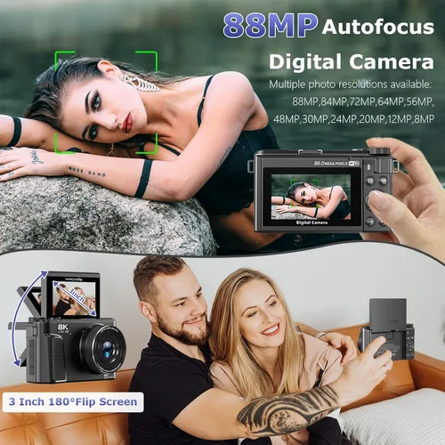 Miniatura 3 de Cámara digital 8K para fotografía, cámara de videoblogs WiFi de 88 megapíxeles para YouTube, pantalla giratoria de 3" 180° y zoom digital 18X