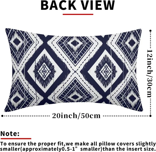 Miniatura 3 de Juego de 2 fundas de almohada lumbares geométricas de color azul marino y blanco de 12 x 20 pulgadas, color azul índigo, marfil, diamante Ikat