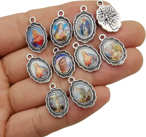 Miniatura 2 de 50 piezas de plata antigua con imagen de Jesús esmaltado Nuestra Señora Milagrosa Medalla Floral Rosario Centro de mesa de aleación Crucifijo Cruz