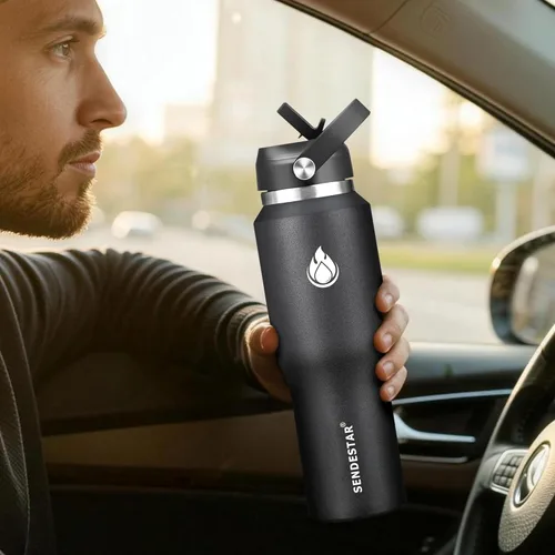 Miniatura 8 de SENDESTAR Botella de agua de acero inoxidable de 40 onzas (fría durante 48 horas, caliente durante 24 horas), botella aislada al vacío de doble Negro