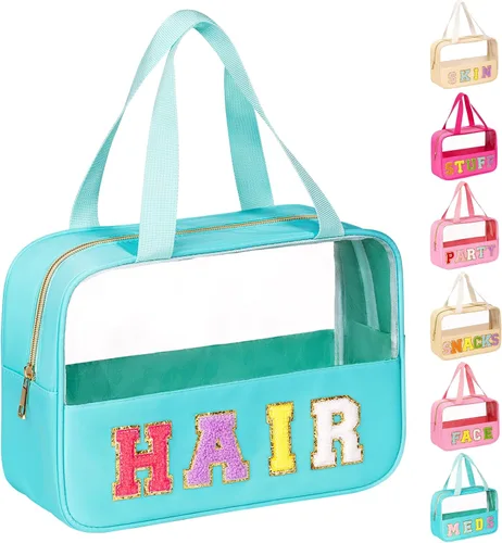 Miniatura 9 de Eurovicky Bolso de Maquillaje Transparente con Letras de Chenilla, Bolsa de Maquillaje de Nailon Preppy con Asa y Cremallera, Bolsa de Viaje