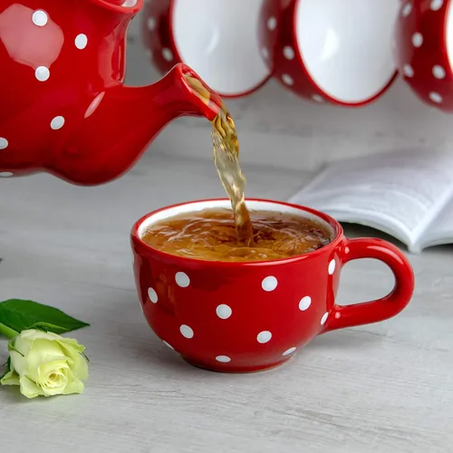 Miniatura 4 de City to Cottage Taza de cerámica hecha a mano con diseño de lunares rojos y blancos, taza única extra grande de 17.5 onzas / 16.9 fl oz de capuchino