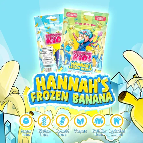 Miniatura 4 de Bubblegum Kids Hannah's Frozen Banana - Goma de mascar sin azúcar Relleno de calcetines, dulces navideños, recuerdos de fiesta, goma de mascar sin