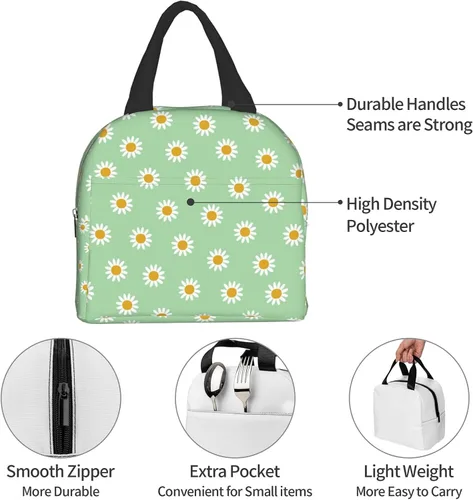 Miniatura 5 de Lonchera térmica verde con margaritas para adultos, niños, niñas, mujeres, trabajo, oficina, escuela, picnic, playa, lonchera reutilizable