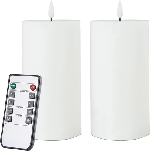 volnyus Juego de 2 velas blancas sin llama (3 x 6 pulgadas), velas LED parpadeantes de cera que funcionan con pilas con temporizadores de control
