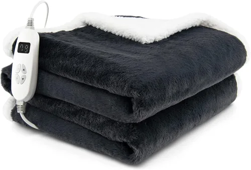 Miniatura 10 de Giantex Manta térmica reversible de sherpa y piel sintética de conejo con 10 niveles de calor, temporizador de 9 horas de apagado automático