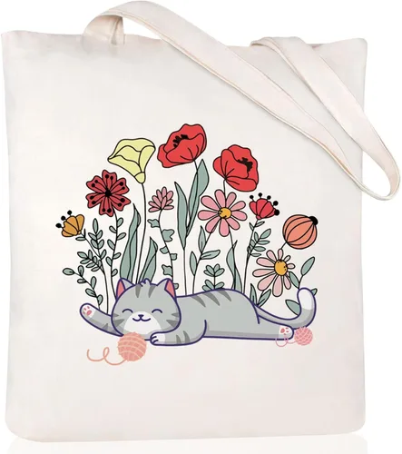 Miniatura 10 de Andeiltech - Bolsa de lona para mujer, con diseño de gato bonito y estética, bolsas reutilizables para compras y comestibles, con bolsillo