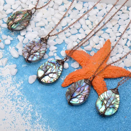 Miniatura 2 de Hand Wrapped Abalone Shell Tree of Life Pendant Necklace Small, Bronze Wire