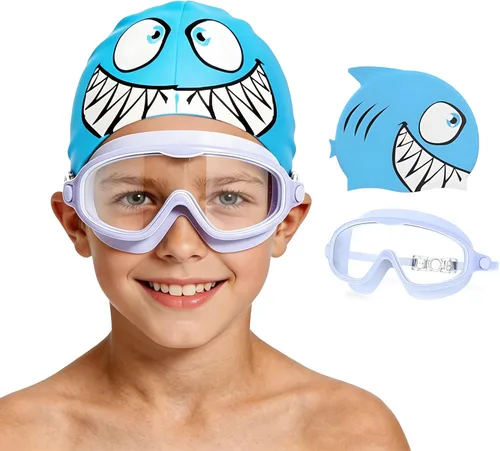 Gafas de natación para niños de 3 a 8 años con gorro de natación, juego de gorras de natación con antivaho y anti-UV para niños y niñas pequeños