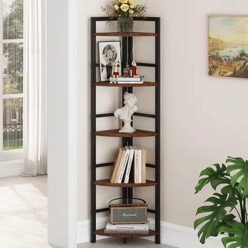 Miniatura 13 de BON AUGURE Estantería Esquinera de Escalera, Librero Esquinero de Madera y Metal Negro de 5 Niveles, Unidad de Estantería Estrecha y Alta