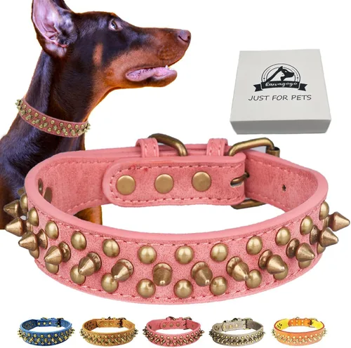 Miniatura 7 de Collar de perro con tachuelas, collar de piel sintética antimordeduras para perros pequeños, medianos y grandes (azul, L)